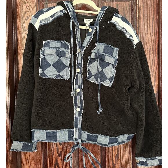 Bibi Jacket Checkered Denim and Sherpa Women's M Blue And Black - Picture 2 of 5